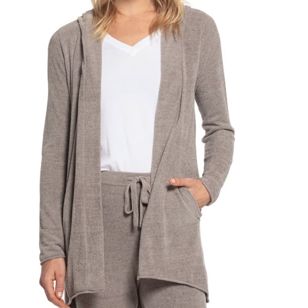 Barefoot Dreams Cozychic Lite Hooded Open Cardigan Tan Xl